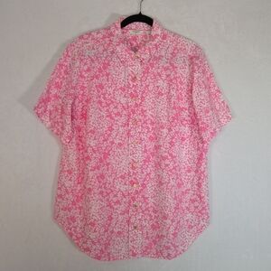 Liz Claiborne NY Pink With White Floral Linen Button Down Shirt 1X Short Sleeve